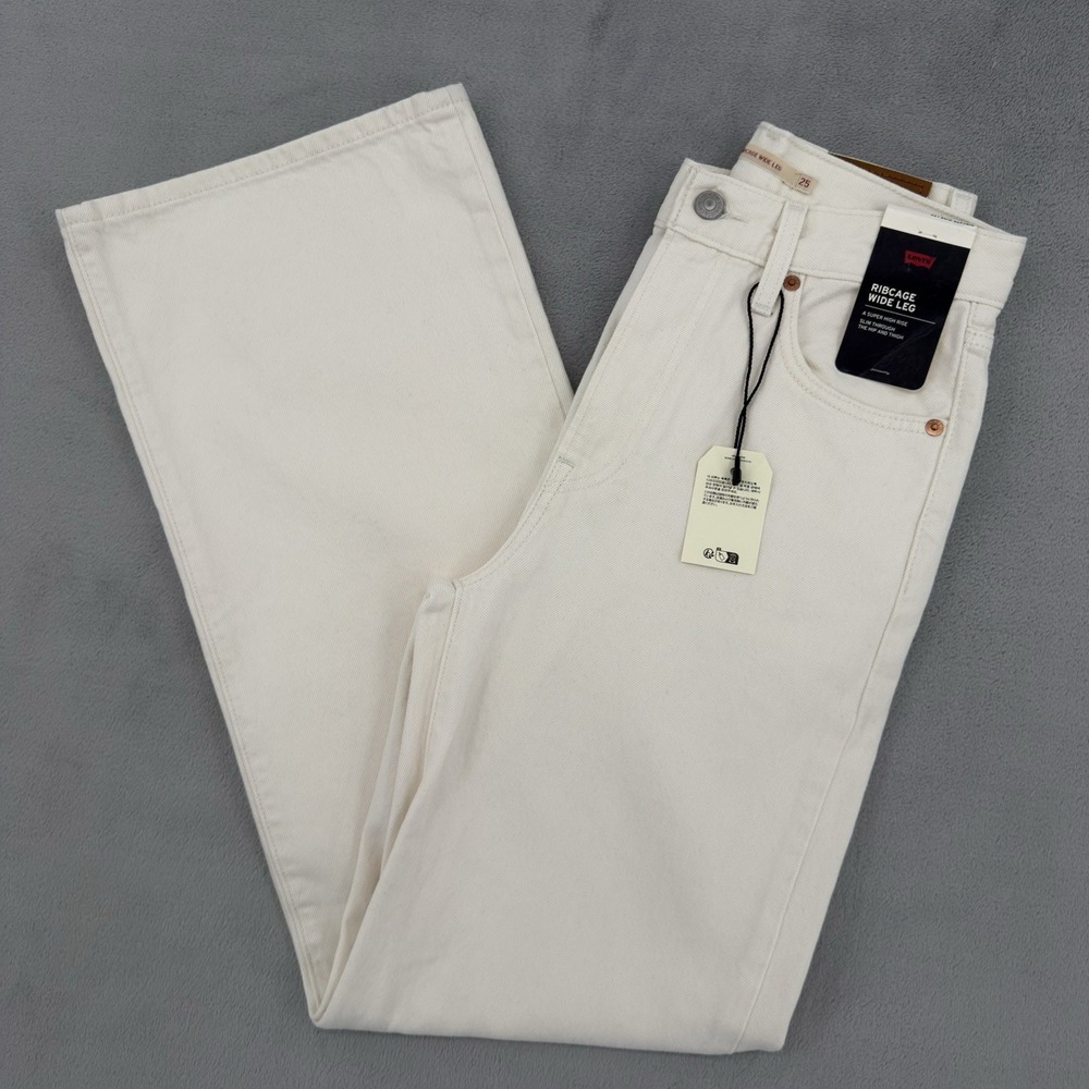 Levis Jeans Women Size W25 L32 Ribcage Wide Leg  Super High Rise White Denim NEW